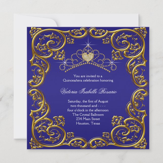 Navy Blue Gold Tiara Sweet 15 Quinceanera Invitation (Front)