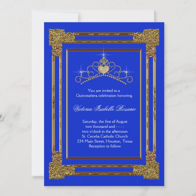 Navy Blue Gold Tiara Sweet 15 Quinceanera Invitation (Front)