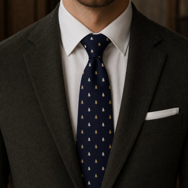 Navy Blue & Gold Tiny Christmas Trees Tie (Creator Uploaded)