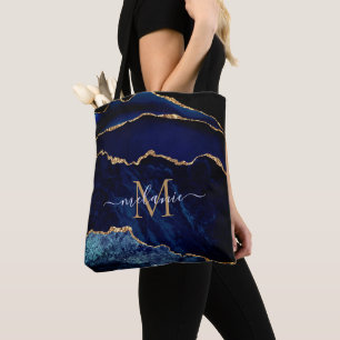 Navy Blue Gold Tote Bag Custom Name and Letter