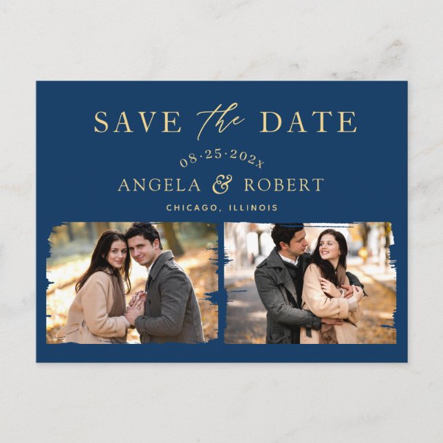 Navy Blue Gold Trendy 2 Photo Save the Date Postcard (Front)