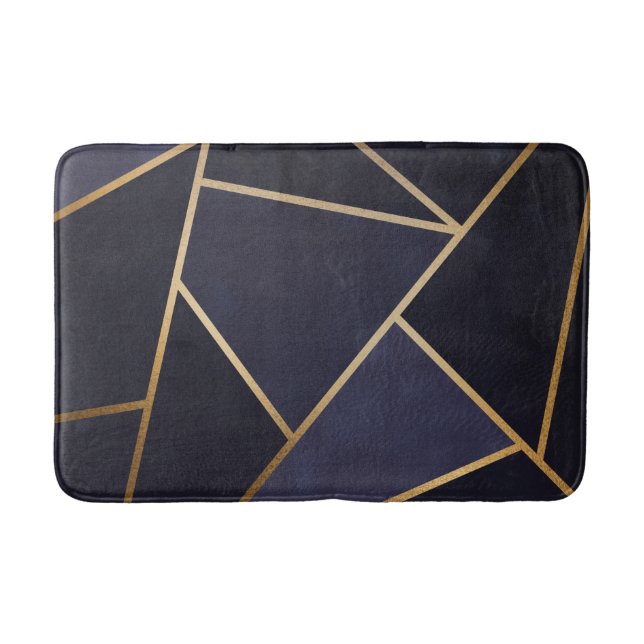 Navy Blue Gold Triangles Geometric Elegant Classy Bath Mat (Front)