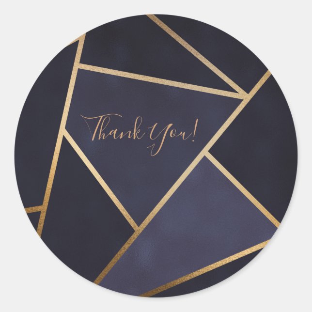 Navy Blue Gold Triangles Geometric Elegant Classy Classic Round Sticker (Front)