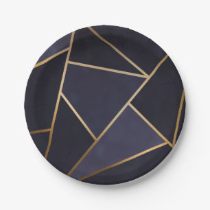 Navy Blue Gold Triangles Geometric Elegant Classy Paper Plate