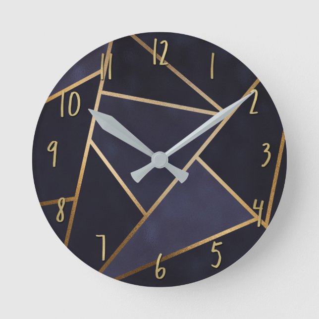 Navy Blue Gold Triangles Geometric Elegant Classy Round Clock (Front)