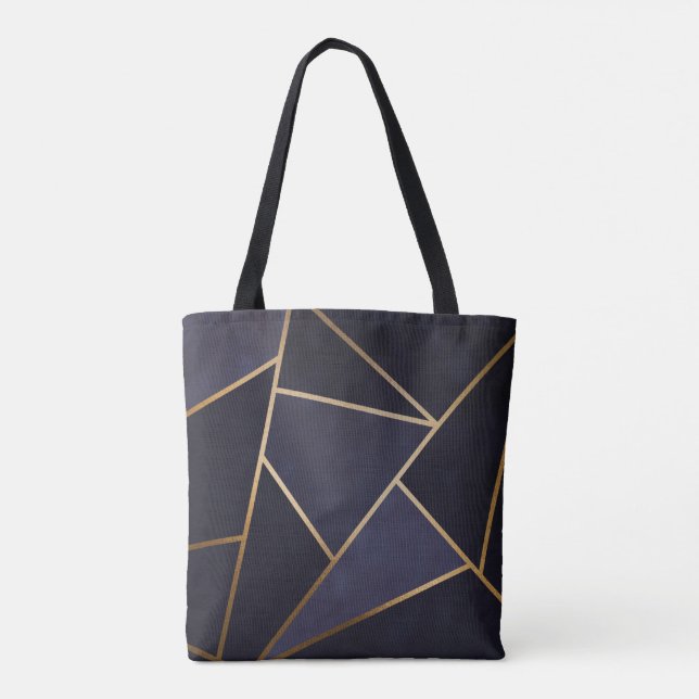 Navy Blue Gold Triangles Geometric Elegant Classy Tote Bag (Back)