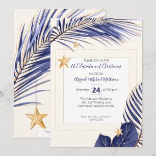 Navy Blue & Gold Tropical Greenery Christmas Party Invitation
