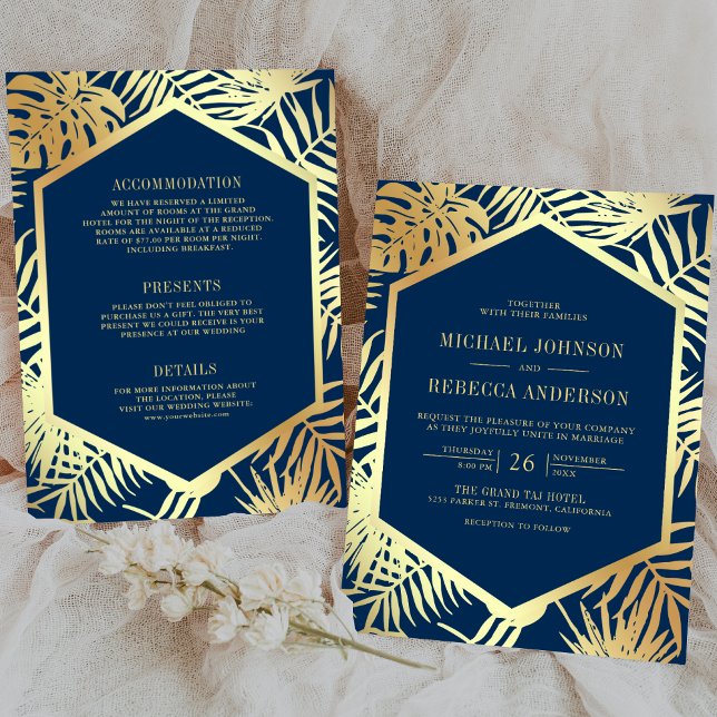 Navy Blue Gold Tropical Palm All in One Wedding Invitation (Creator Uploaded)