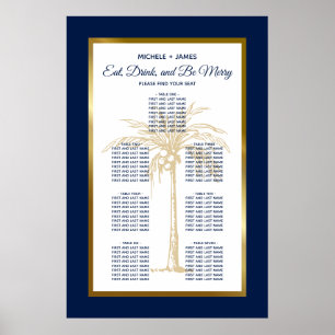 Navy Blue Gold Tropical Palm Wedding Seating Chart