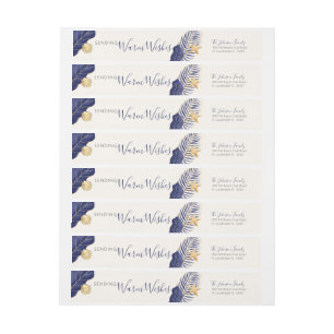 Navy Blue & Gold Tropical Warm Wishes Holiday Wrap Around Label