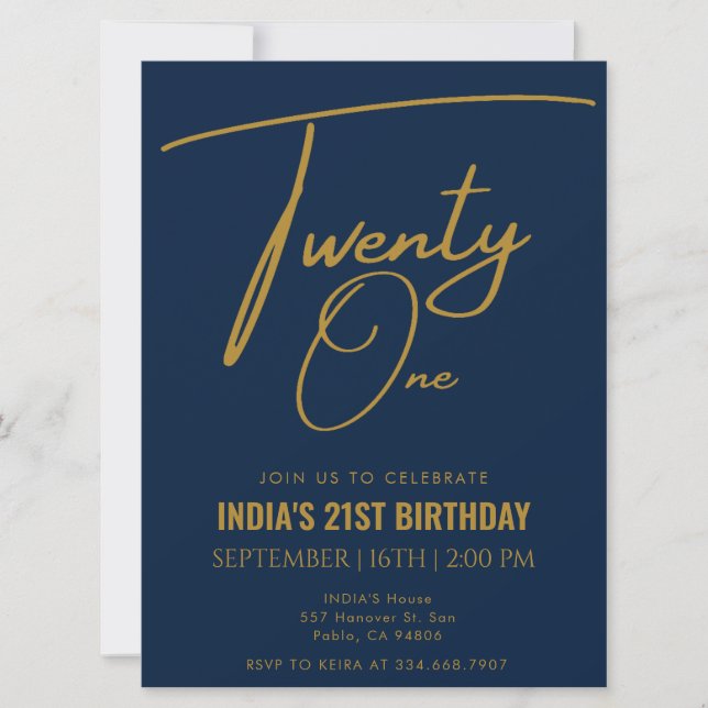Navy Blue & Gold Twenty one 21st Birthday Invitation (Front)