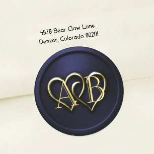Navy  Blue Gold Two Hearts Gold Monogram Classic Round Sticker