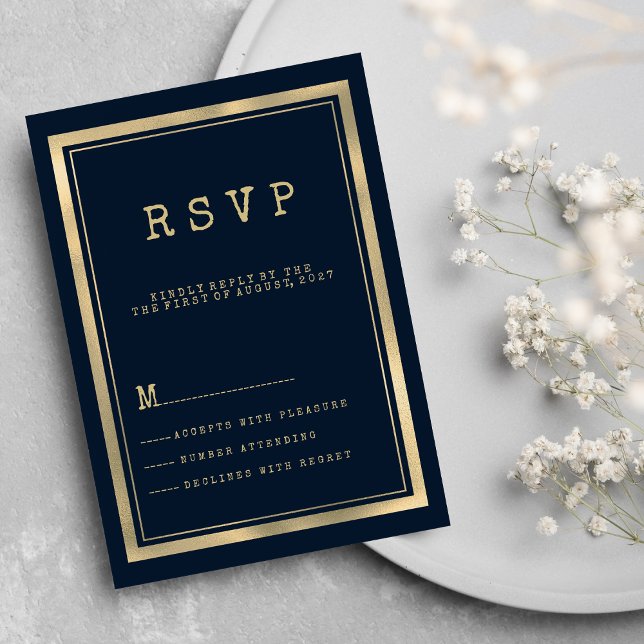 Navy blue gold typewriter font rustic RSVP Invitation (Navy blue gold typewriter font rustic RSVP)