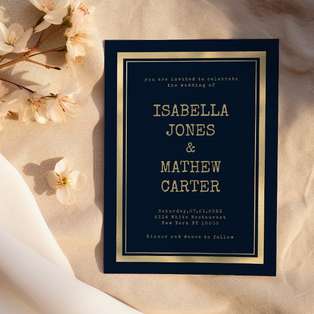 Navy blue gold typewriter font rustic wedding invitation (Navy blue gold typewriter font rustic Wedding)