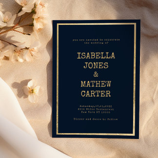 Navy blue gold typewriter font rustic wedding invitation