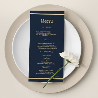 Navy blue gold typewriter font rustic Wedding Menu