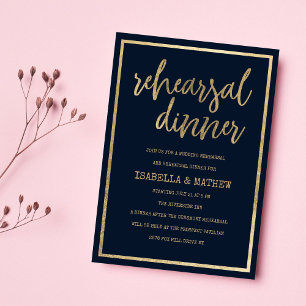 Navy blue gold typewriter rustic Rehearsal Dinner Invitation