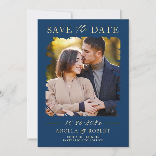 Navy Blue Gold Typography Abstract Photo Frame Save The Date (Front)