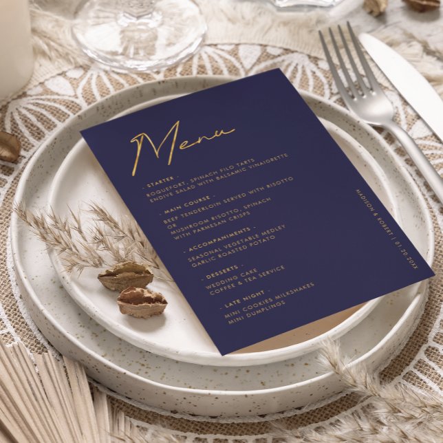 Navy Blue Gold Typography Wedding Table Menu (Creator Uploaded)