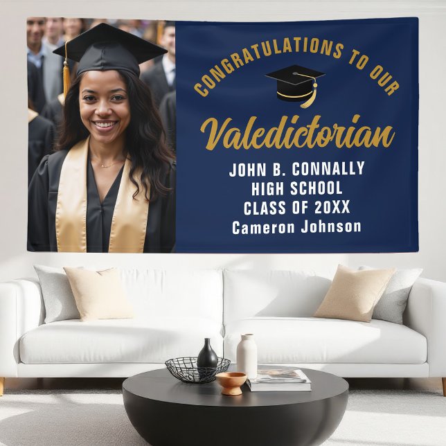 Navy Blue Gold Valedictorian Graduation Party Banner (Creator Uploaded)