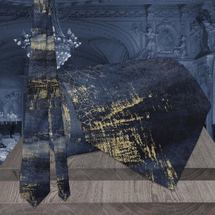 Navy Blue & Gold Veining Modern Wedding Neck Tie