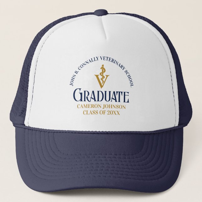 Navy Blue Gold Veterinary School Graduation Custom Trucker Hat (Front)