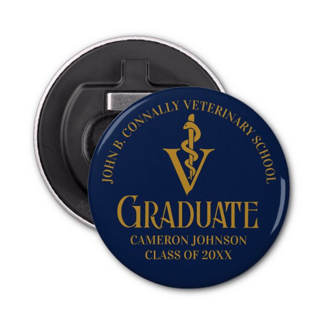 Navy Blue Gold Veterinary School Graduation Party Bottle Opener (Front)