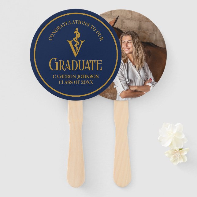 Navy Blue Gold Veterinary School Graduation Party Hand Fan (Front and Back)
