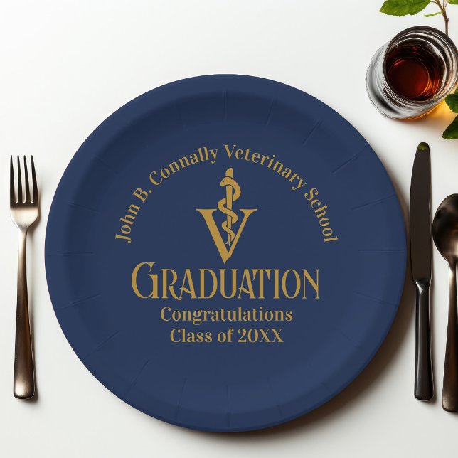 Navy Blue Gold Veterinary School Graduation Party Paper Plate (Creator Uploaded)