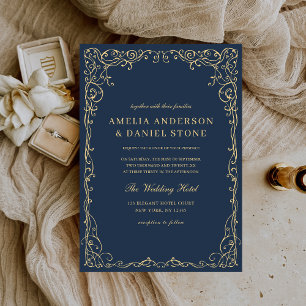 Navy Blue Gold Victorian Elegant Wedding Invitation
