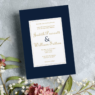 Navy blue gold vintage calligraphy Wedding Invitation