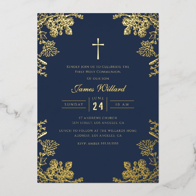 Navy Blue Gold Vintage Cross Boys First Communion (Front)