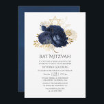 Navy Blue & Gold Vintage Shabby Roses Bat Mitzvah Invitation<br><div class="desc">Chic vintage navy and white roses bat mitzvah invitation with accents of gold.</div>