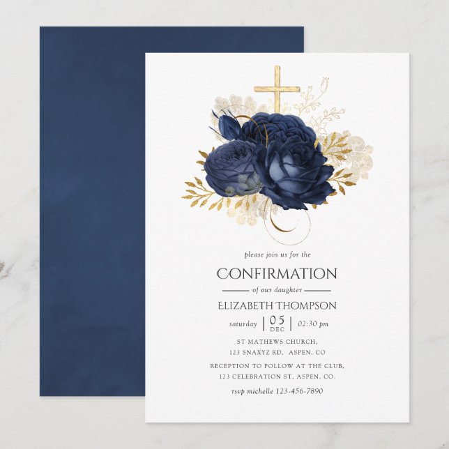 Navy Blue & Gold Vintage Shabby Roses Confirmation Invitation (Front/Back)