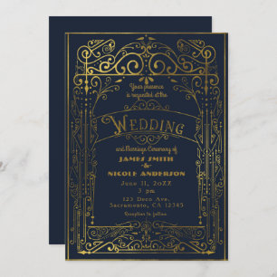 Navy Blue & Gold Vintage Victorian Deco Wedding Invitation
