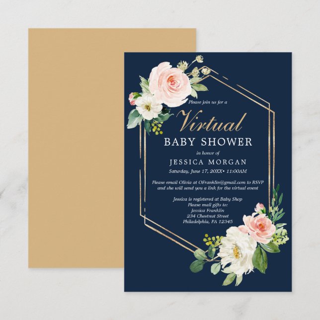 Navy Blue Gold Virtual Baby Shower Invitation (Front/Back)