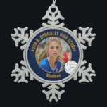 Navy Blue Gold Volleyball Player Photo High School Snowflake Pewter Christmas Ornament<br><div class="desc">This cool customized high school volleyball player photo gift features typography of your team and player name on a navy blue and gold snowflake Christmas ornament with a ball design. Personalize with your student's photograph and class year as a proud sports parent for a commemorative keepsake present.</div>