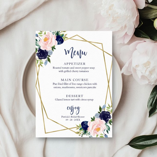 Navy Blue Gold Watercolor Bridal Shower Menu Invitation (Creator Uploaded)