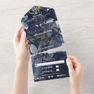 Navy Blue Gold Watercolor Floral Wedding Photo All In One Invitation