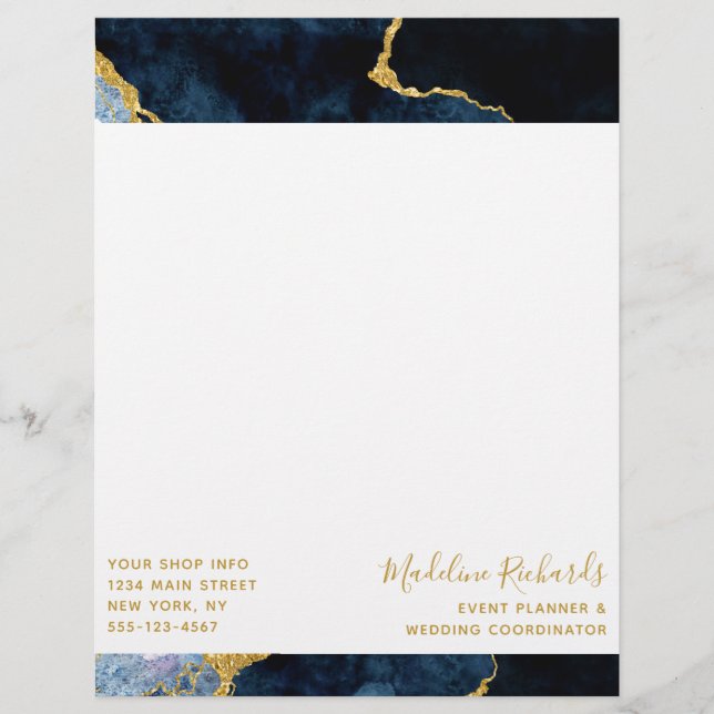 Navy Blue & Gold Watercolor Marble Agate Gilded Custom Letterhead (Front)