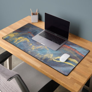 Navy Blue & Gold Watercolor Marble Modern Abstract Desk Mat