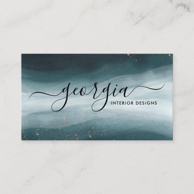 Navy Blue & Gold Watercolor Ocean Wave | Signature Business Card (Front)