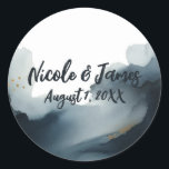 Navy Blue & Gold Watercolor Wedding Classic Round Sticker<br><div class="desc">customise with any text.</div>