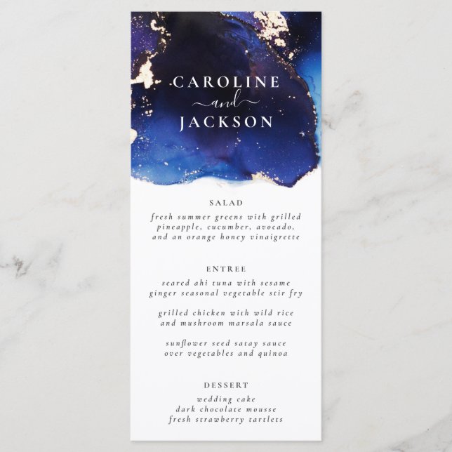 Navy Blue Gold Watercolor Wedding Menu (Front)