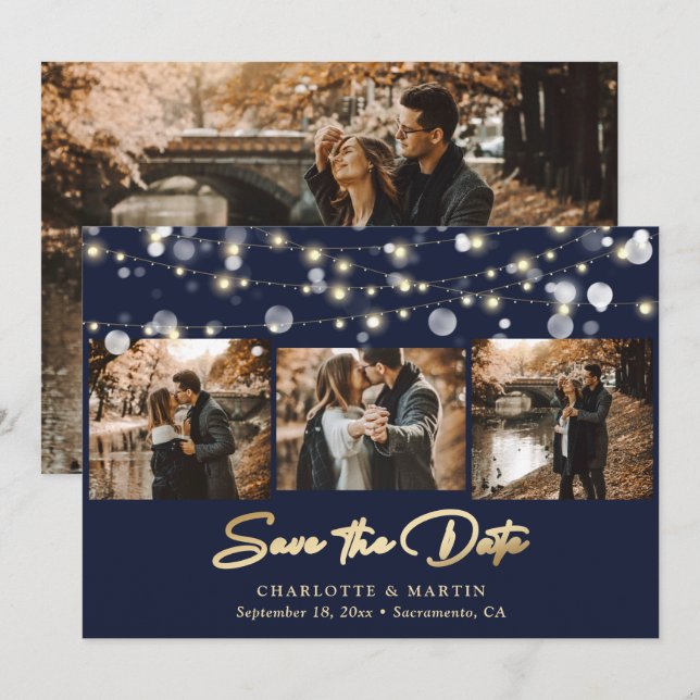 Navy Blue Gold Wedding 4 Photo Save The Date (Front/Back)