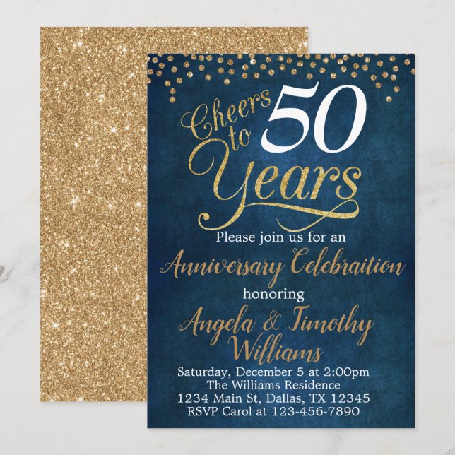 Navy Blue Gold Wedding Anniversary Invitation (Front/Back)