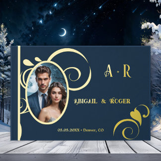 Navy Blue Gold Wedding Custom Photo Real Foil  Guest Book