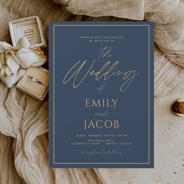 Navy Blue Gold Wedding Modern Script Invitation (Creator Uploaded)