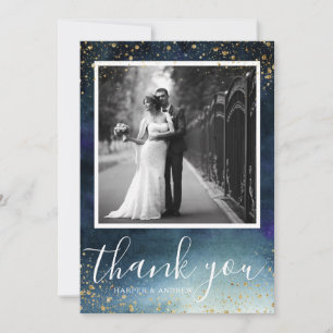 Navy Blue Gold Wedding Photo Thank You Card