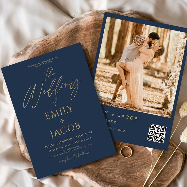 Navy Blue Gold Wedding QR Code Photo Invitation (Creator Uploaded)